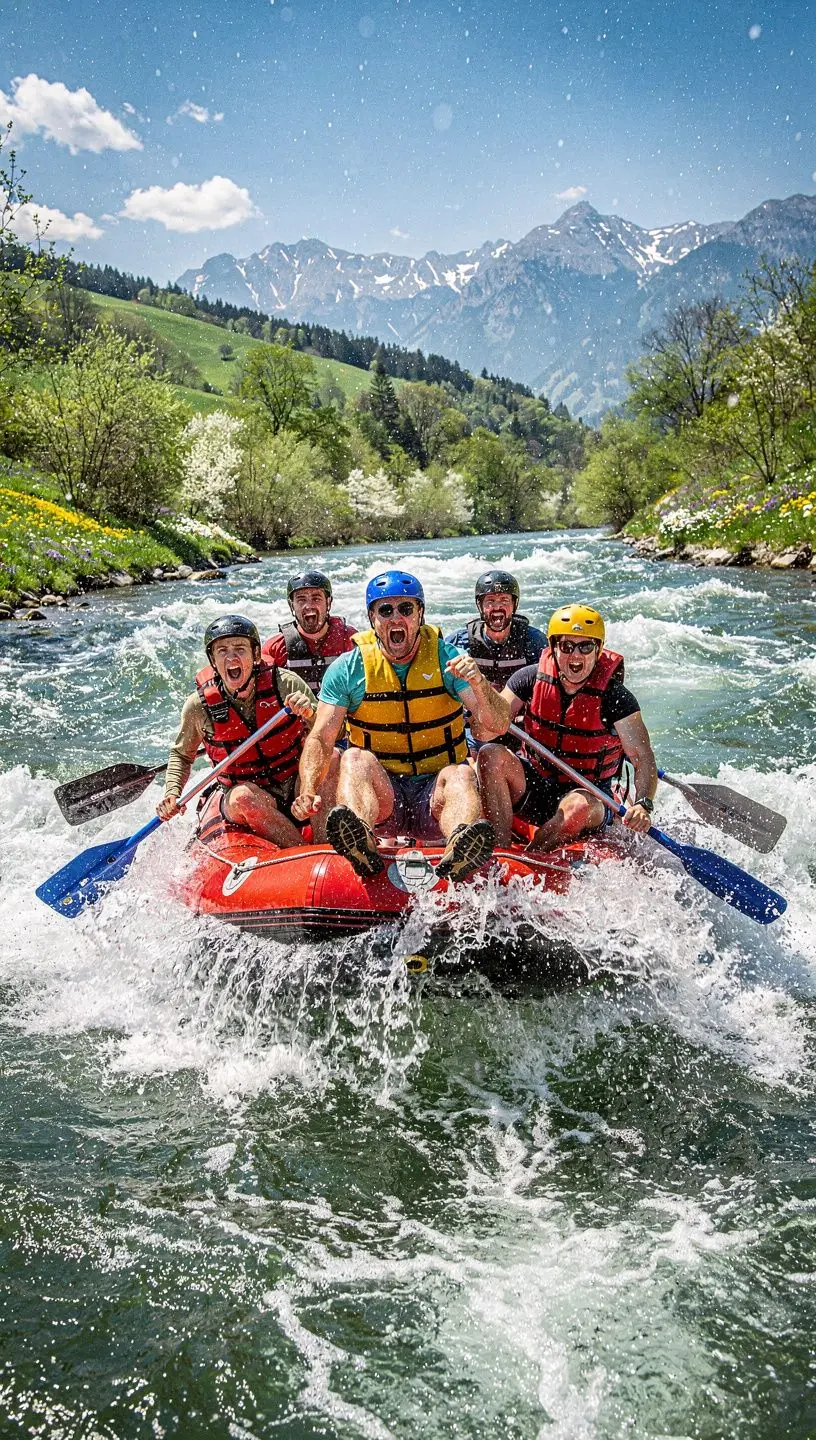 Travelers exploring a charming Slovak village, surrounded by lush greenery and colorful blossoms in full bloom.